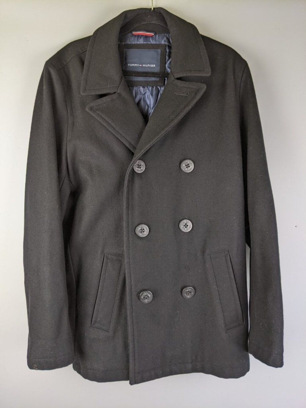 Tommy Hilfiger Womens Black Classic Wool Blend Peacoat Size Medium Anchor Button
